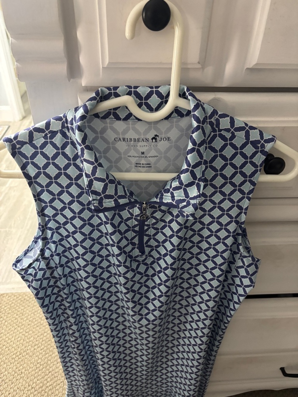 Caribbean Joe Light Blue and Navy Sleeveless Zip Polo Dress